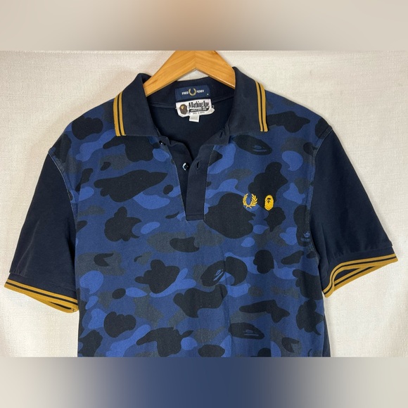 Fred Perry x A Bathing Ape BAPE Blue Camo Polo Men’s Size Medium - Picture 3 of 11